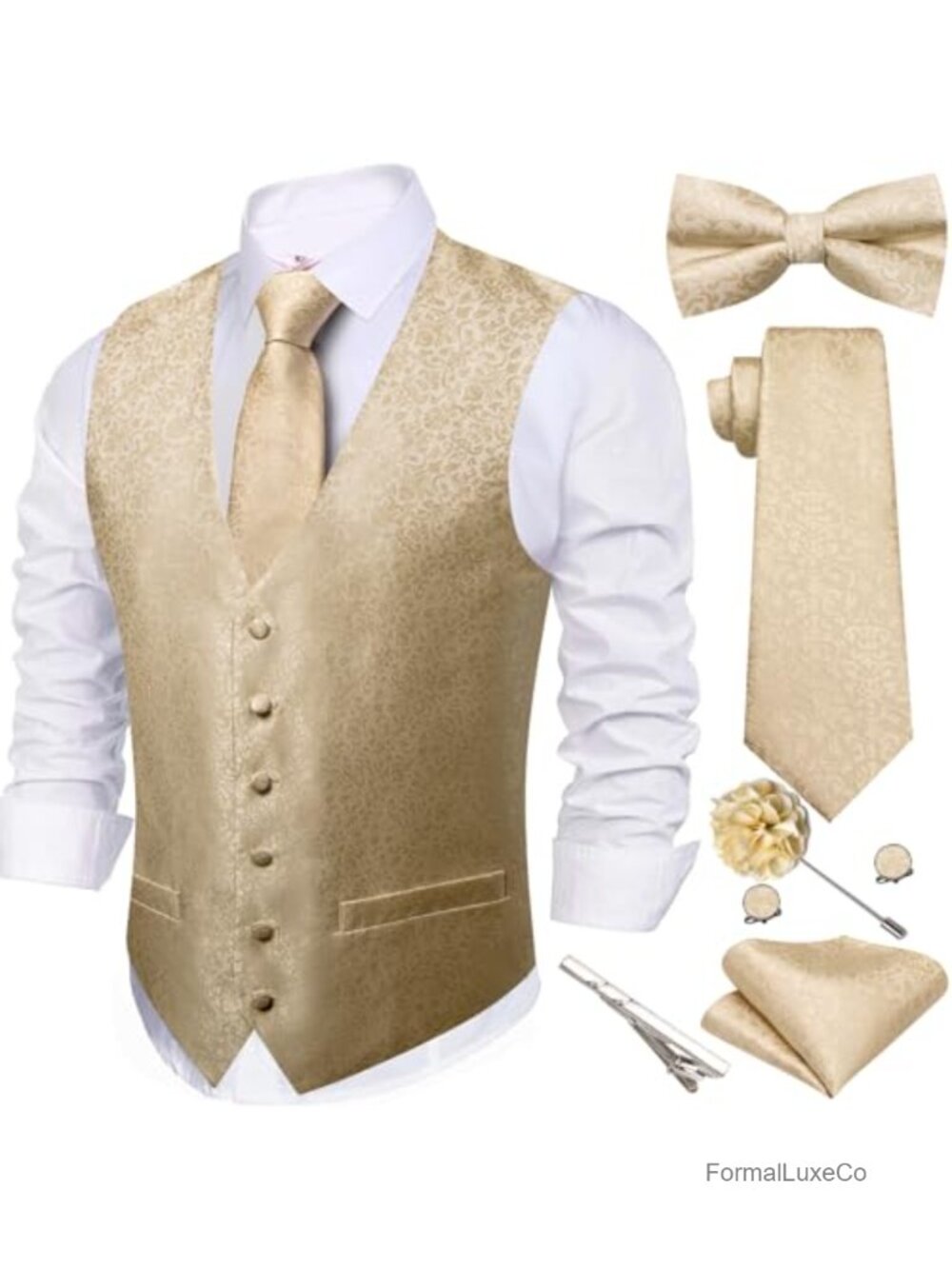Men's Suit Vest Set with Tie Bowtie Pocket Square Cufflinks Brooch Clip